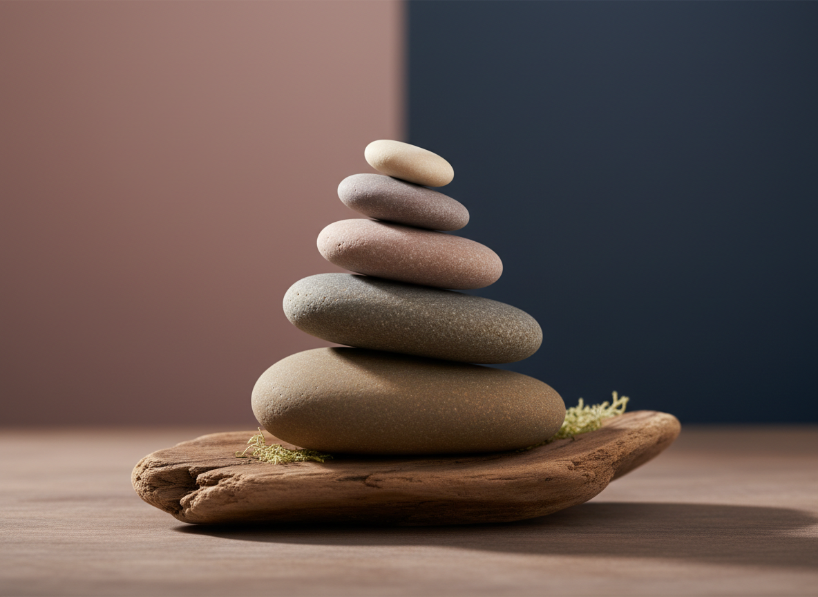 A stack of smooth, matte-finished river stones in graduated soft taupes and warm grays, artfully balanced on a natural wood surface with faint traces of pale moss. The stones are illuminated by a gentle ambient light, creating a gradient of soft shadows that emphasize their grounded, stable quality. The background recedes into a subtly blurred blend of dusty pink and muted navy, evoking a calm and safe environment. Captured from a slightly elevated angle with an elegantly minimalist composition, the mood is peaceful and grounding, symbolizing the strength and unity of balanced energy.