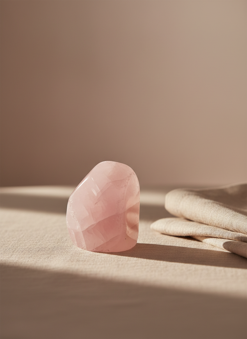 An exquisitely polished rose quartz crystal with soft, pearlescent edges rests on a sleek, muted sand-colored linen cloth. The setting is an uncluttered tabletop with a single elegantly folded fabric napkin nearby and a gently blurred, subtle gradient background in shades of blush and taupe. Natural early morning light drifts in from the side, creating delicate highlights along the crystal’s smooth surfaces and understated shadows beneath. The composition is centered with a shallow depth of field, fostering a serene, harmonious mood that invites contemplation. The overall photographic realism and minimalist elegance reflect the balance and sophistication of feminine power.