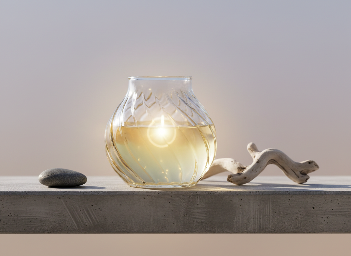 An intricate glass vessel filled with luminescent, pale gold oil stands on a brushed concrete shelf, surrounded by minimalist decor including a smooth pebble and a sliver of silvery driftwood. Soft, filtered afternoon sunlight sweeps across the surface, producing subtle reflections and glimmers along the curved glass and highlighting refined details in the setting. The focus is crisp on the vessel while the background melts into blurred soft gradient hues of lavender and beige. The composition features asymmetrical balance and gentle negative space, creating an atmosphere of nurturing energy, harmony, and sophisticated quietude.