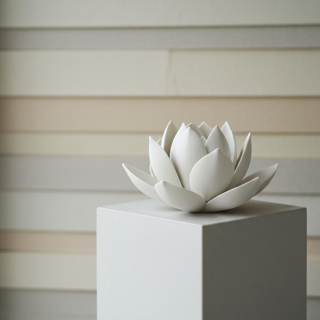 A delicate porcelain lotus flower sculpture with a matte finish sits atop a minimalist, light gray stone pedestal. The background features a gently layered wall in subtle tones of cream and dove gray, with atmospheric, diffused overcast lighting that produces soft gradients and barely-there shadows. The mood is tranquil and refined, emphasizing quiet strength and calm. Photographed at an eye-level perspective, the lotus is framed according to the rule of thirds, drawing the viewer’s attention to its graceful form. The image exudes sophisticated simplicity, aligning with the site’s mission of creating a secure, safe space for growth.